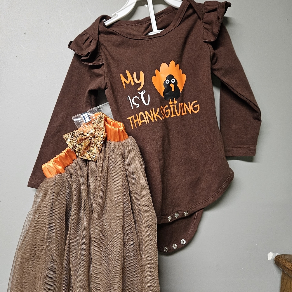 Girls 12 Month My First Thanksgiving Outfit Long Sleeve Shirt, Skirt, Headband